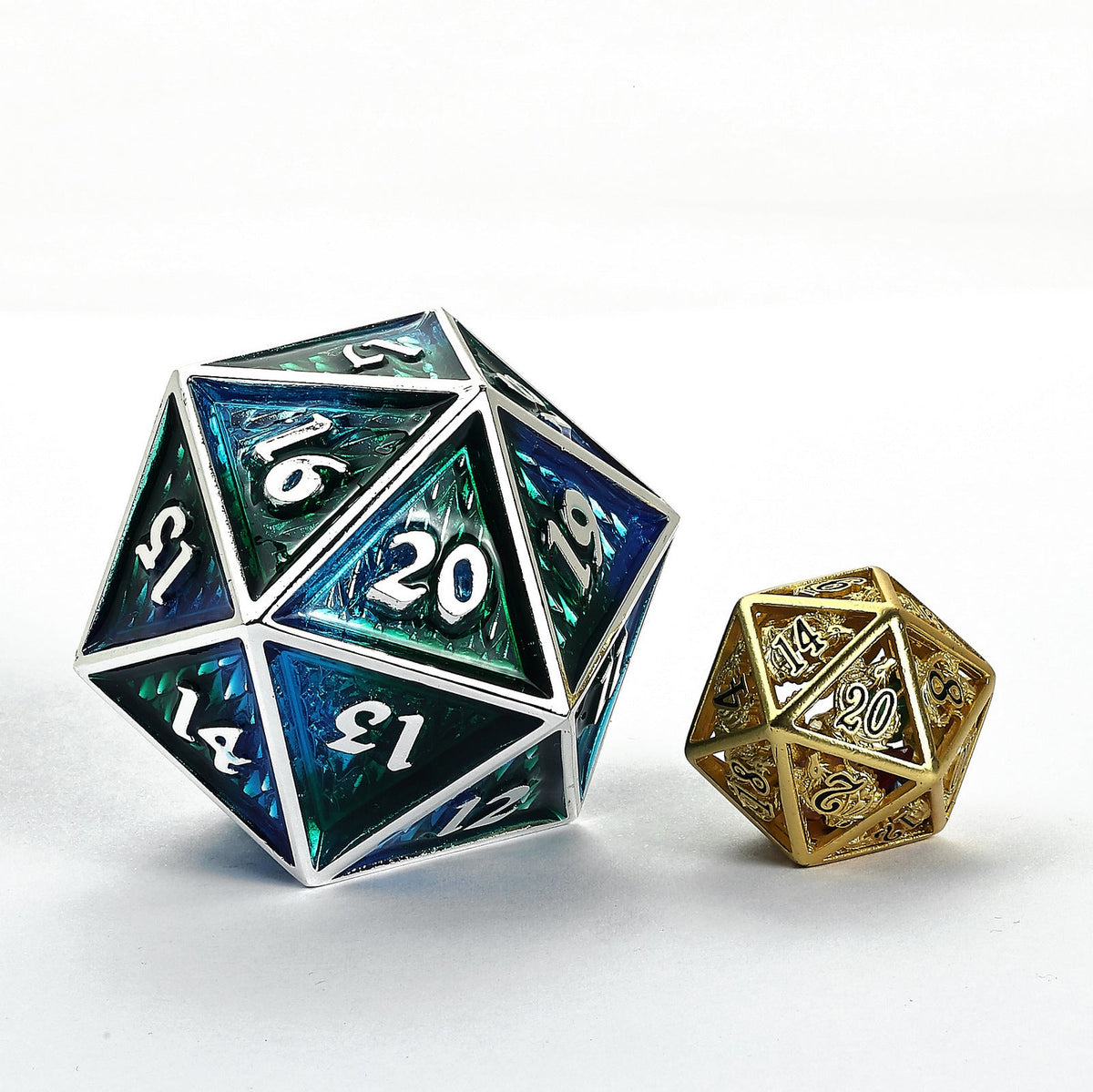 45mm Metal Behemoth Spindown D20 - Silver with Blue & Green