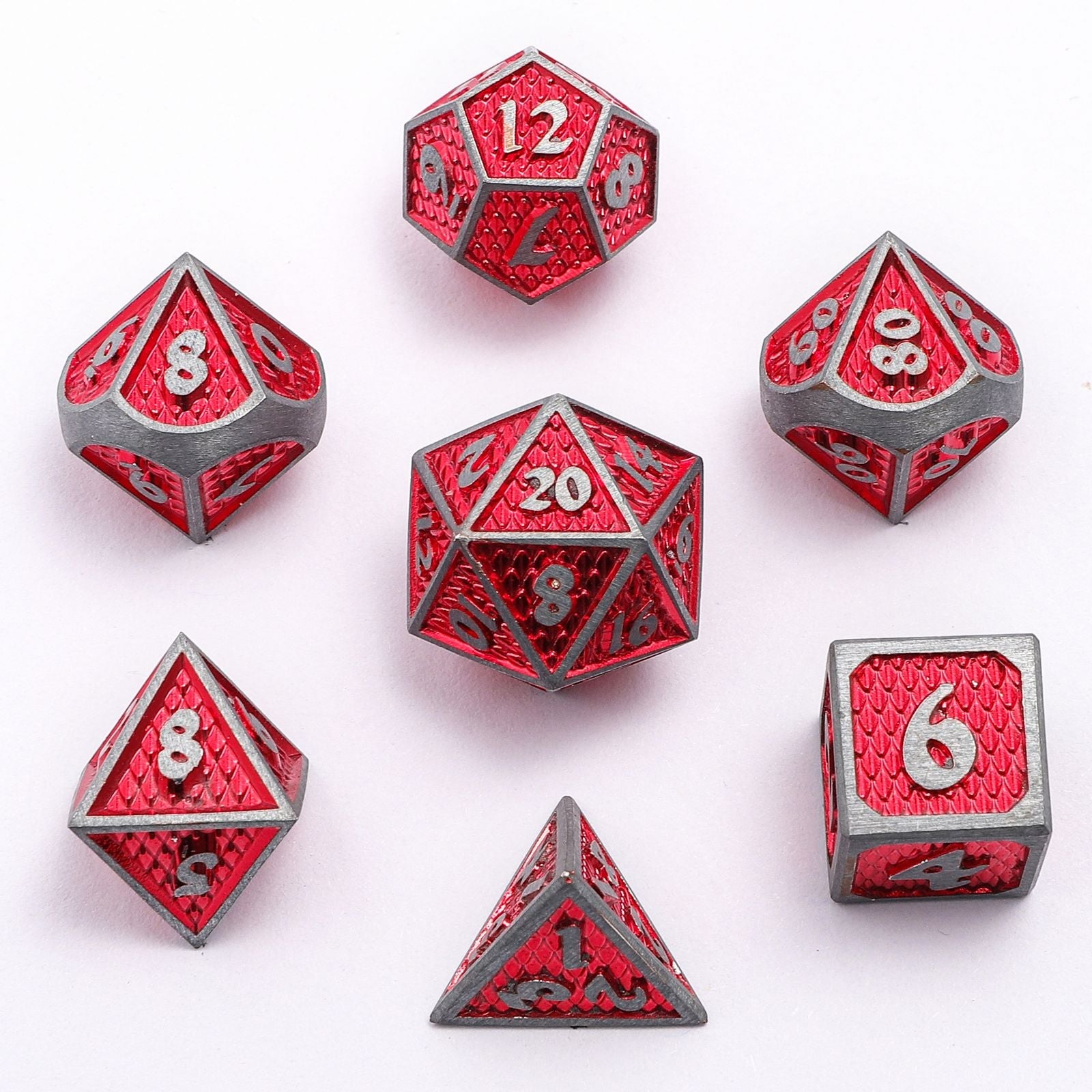 <p>Set of 7 polyhedral dice in solid brushed metal with ruby red.<br></p>
<p><span><strong>Pattern:</strong> Mini Behemoth Dice</span></p>
<p><strong>HY00315</strong></p>