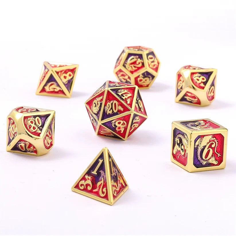 Solid Metal Dragon Dice - gold w/Red & Purple