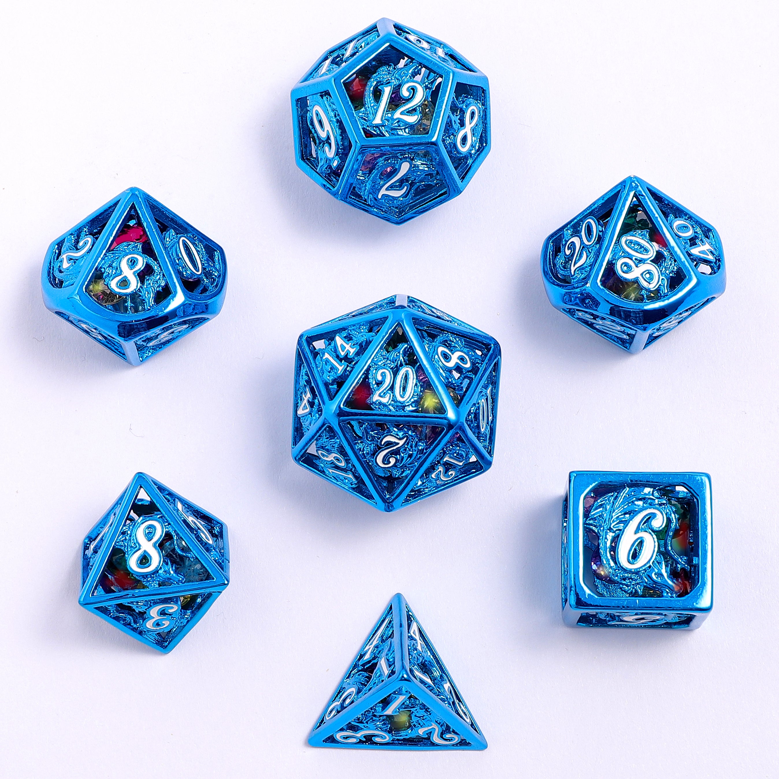 Hollow Dragon Polyhedral Dice Set Filled With Gems - Blue Dragon