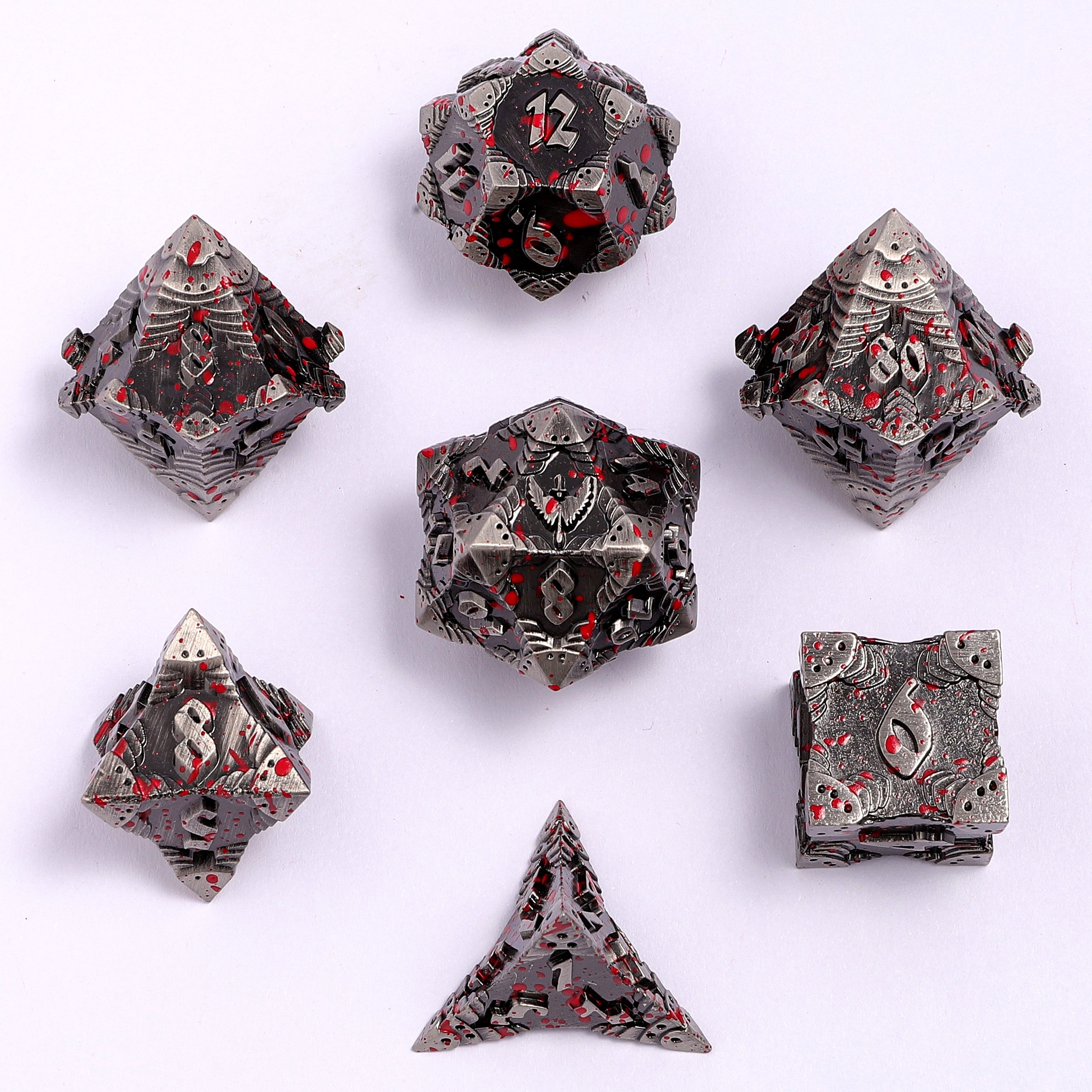 Solid Metal Paladin Class RPG Dice Set - Ancient Silver w/Blood Splatter