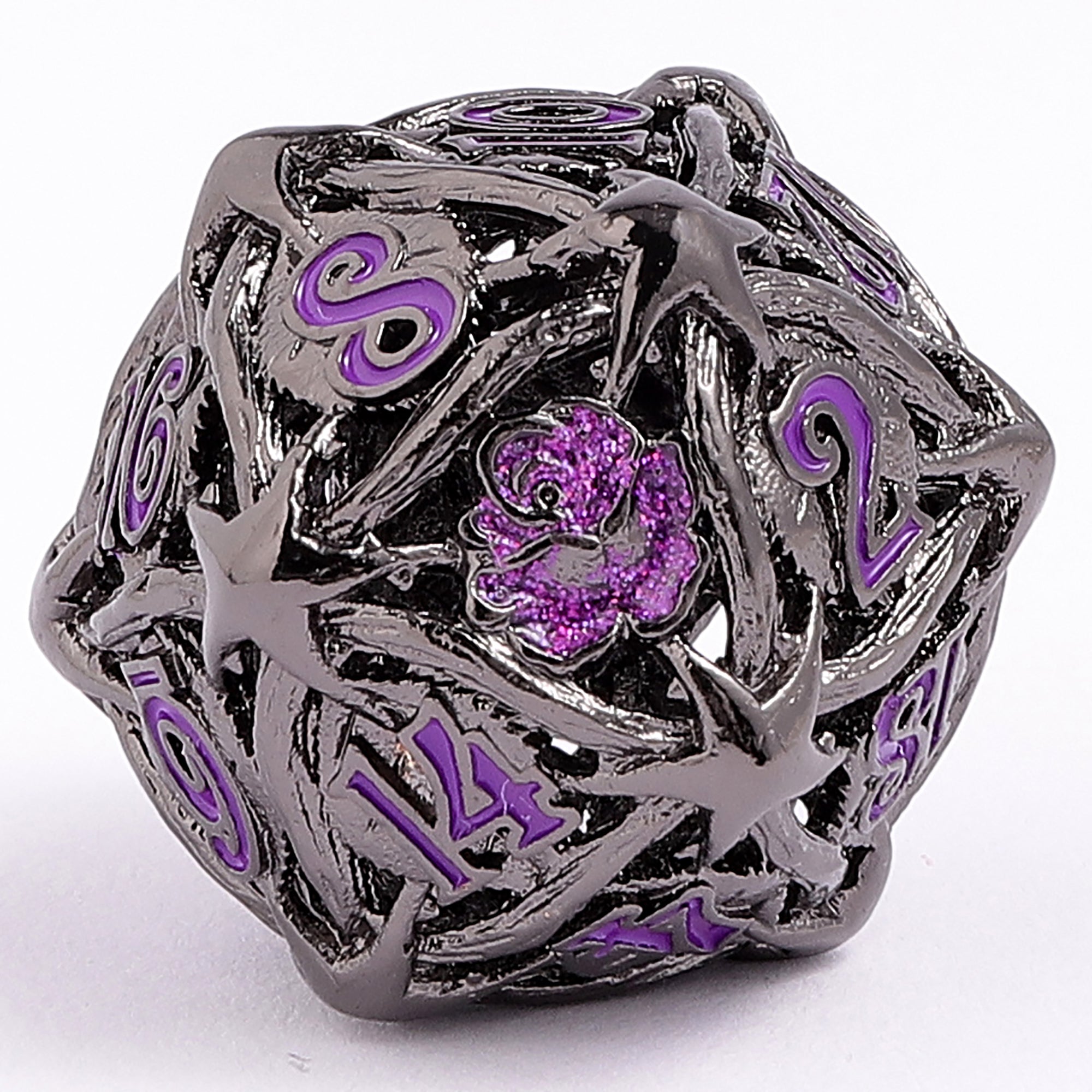 Hollow Metal Rose Dice Set - Gunmetal w/Purple