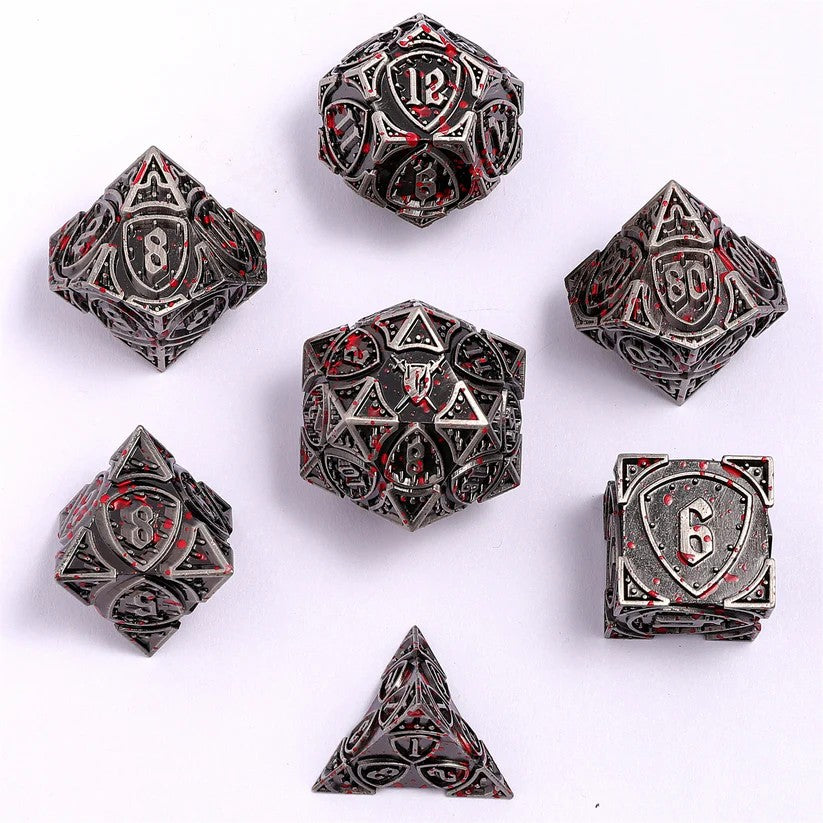 Solid Metal Fighter Dice Set - Ancient Silver w/Blood Splatter