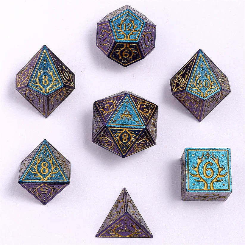 Metal Druid RPG Dice Set - Glitter Blue w/Gold