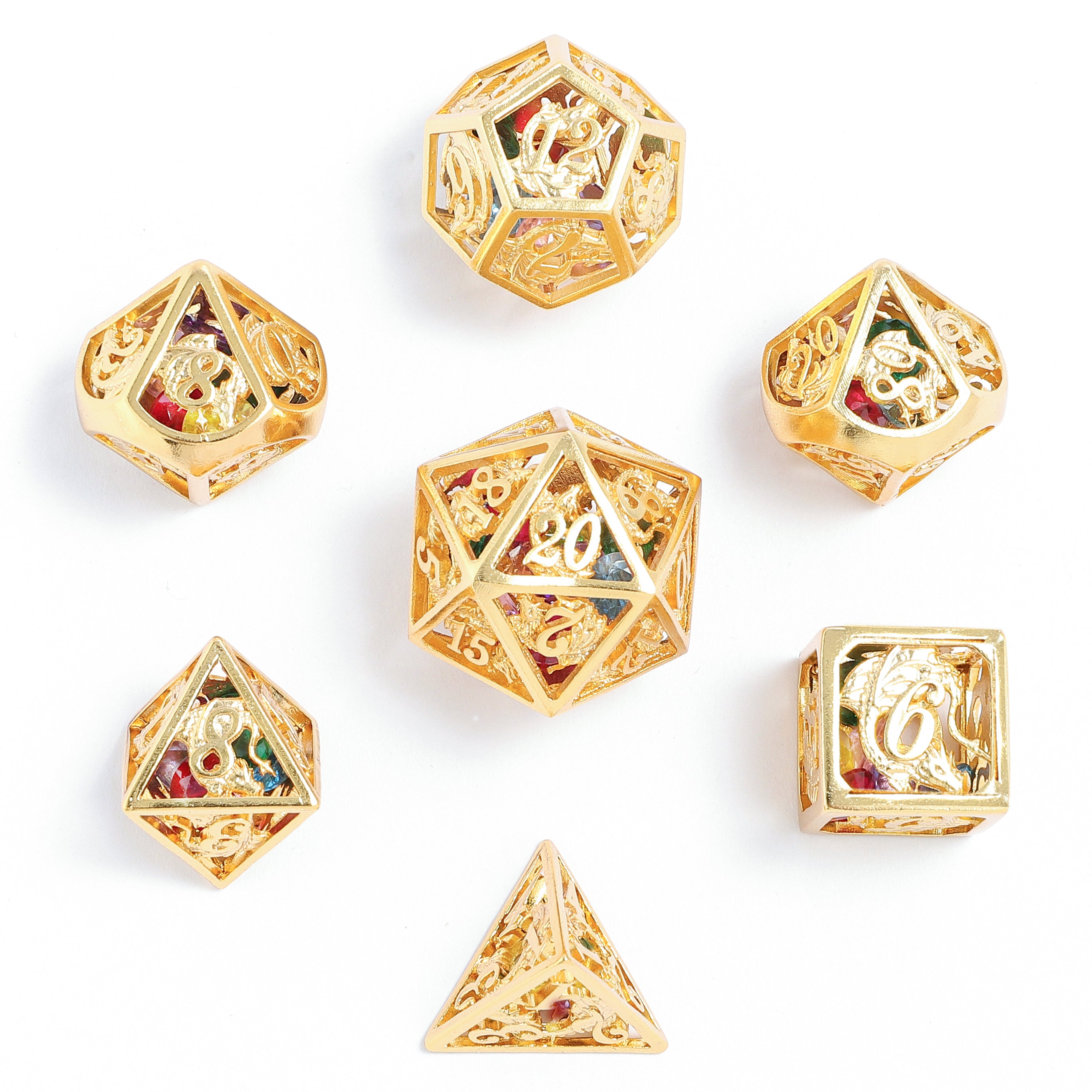 Hollow Metal Dragon Dice Set filled with gems - 24k gold plated