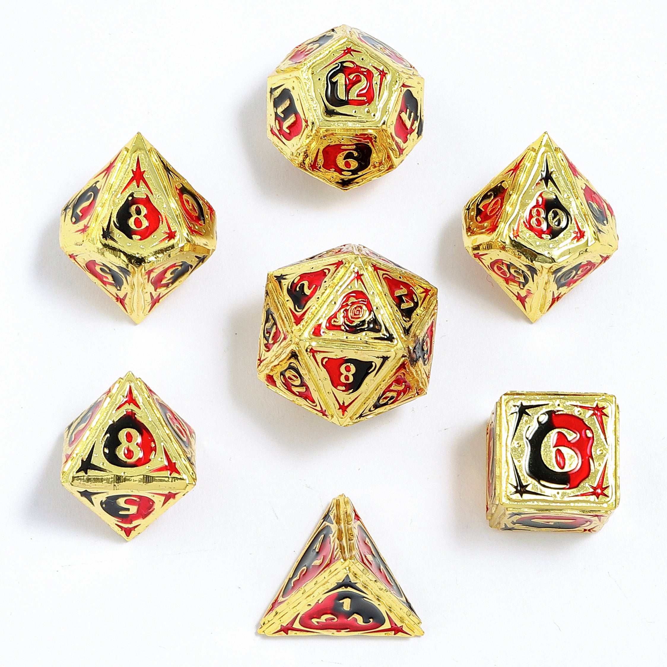 Sorcerer Solid Metal RPG Dice Set - Gold w/Red&Black