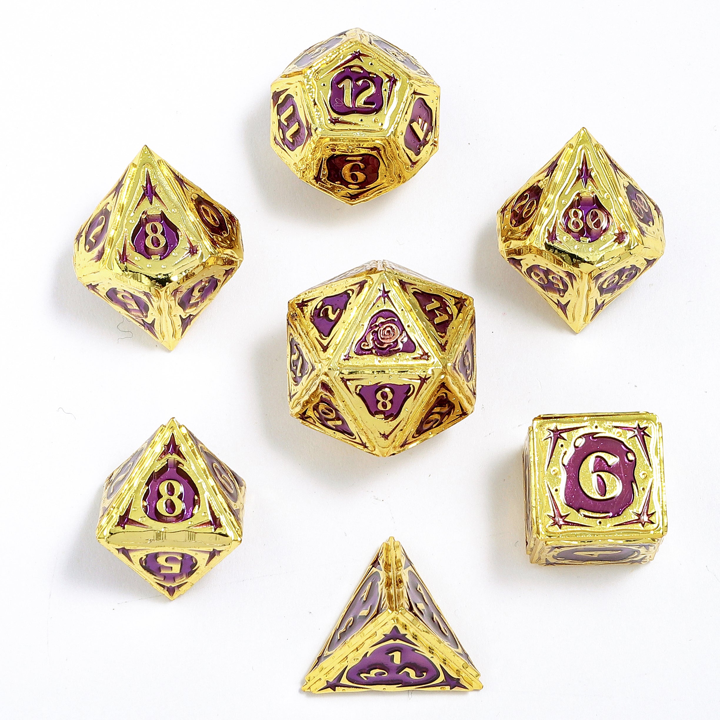 Sorcerer Solid Metal RPG Dice Set - Gold w/Purple