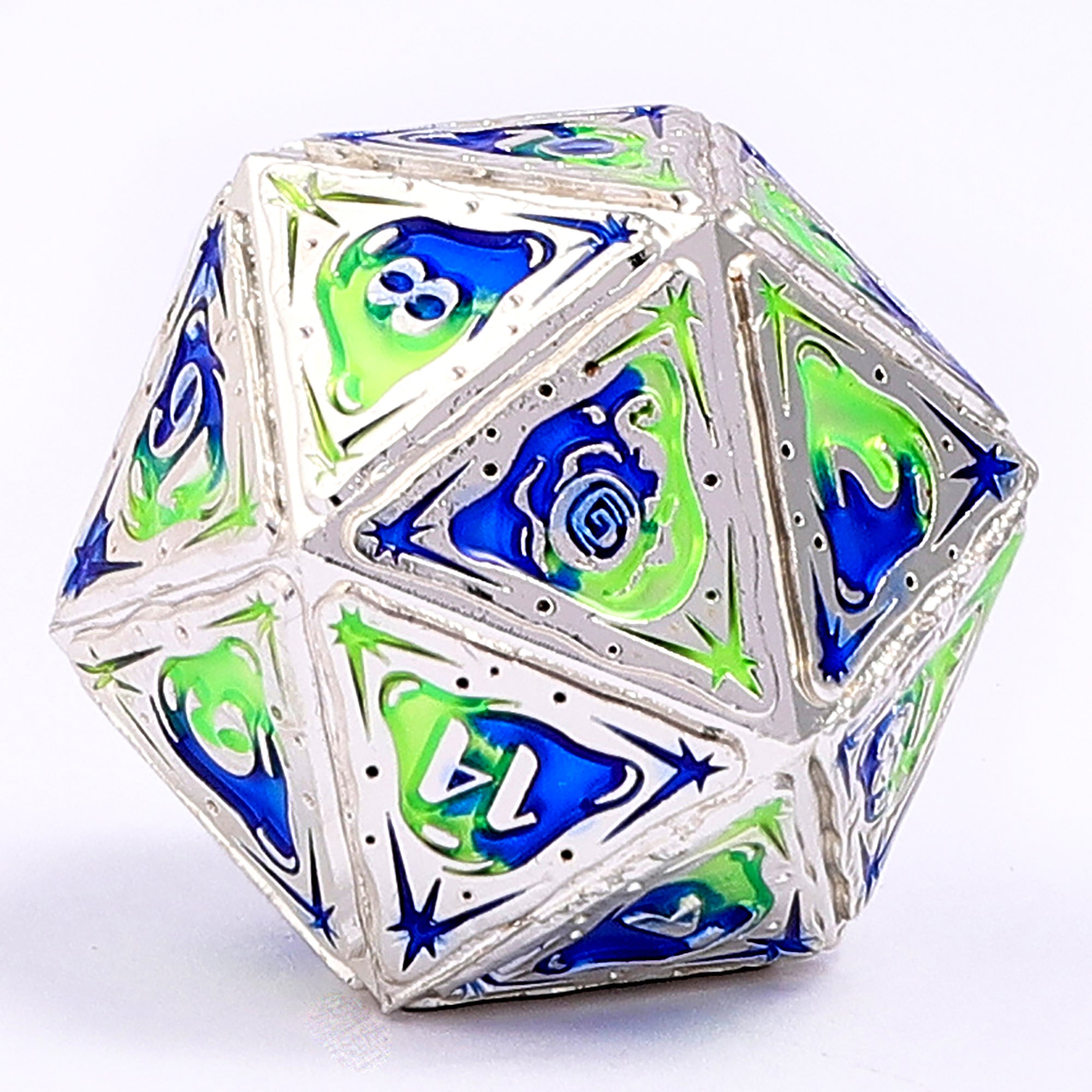 Sorcerer Solid Metal RPG Dice Set - Silver w/Blue and UV Reactive Green