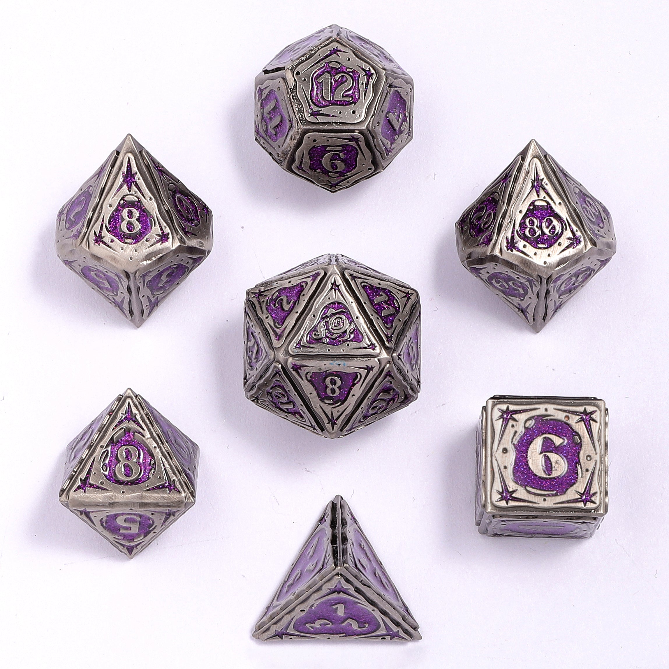 Sorcerer Solid Metal RPG Dice Set - Ancient Silver w/Purple Glitter