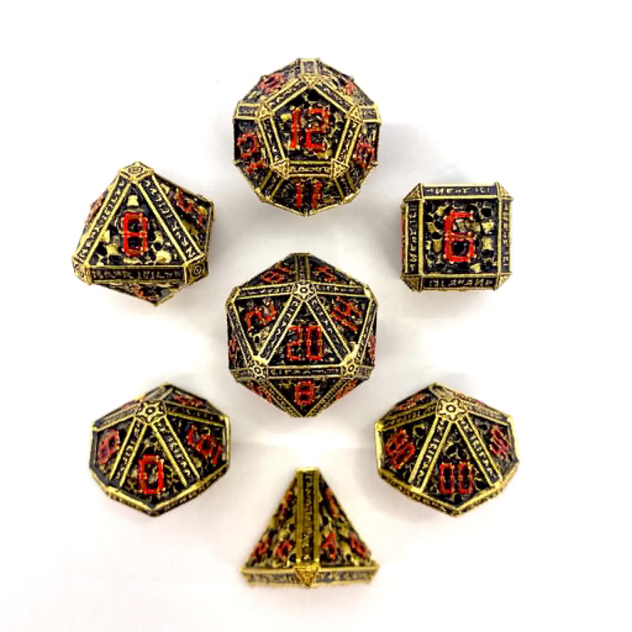 Hollow Metal Necromancer Dice Set - Gold w/Red