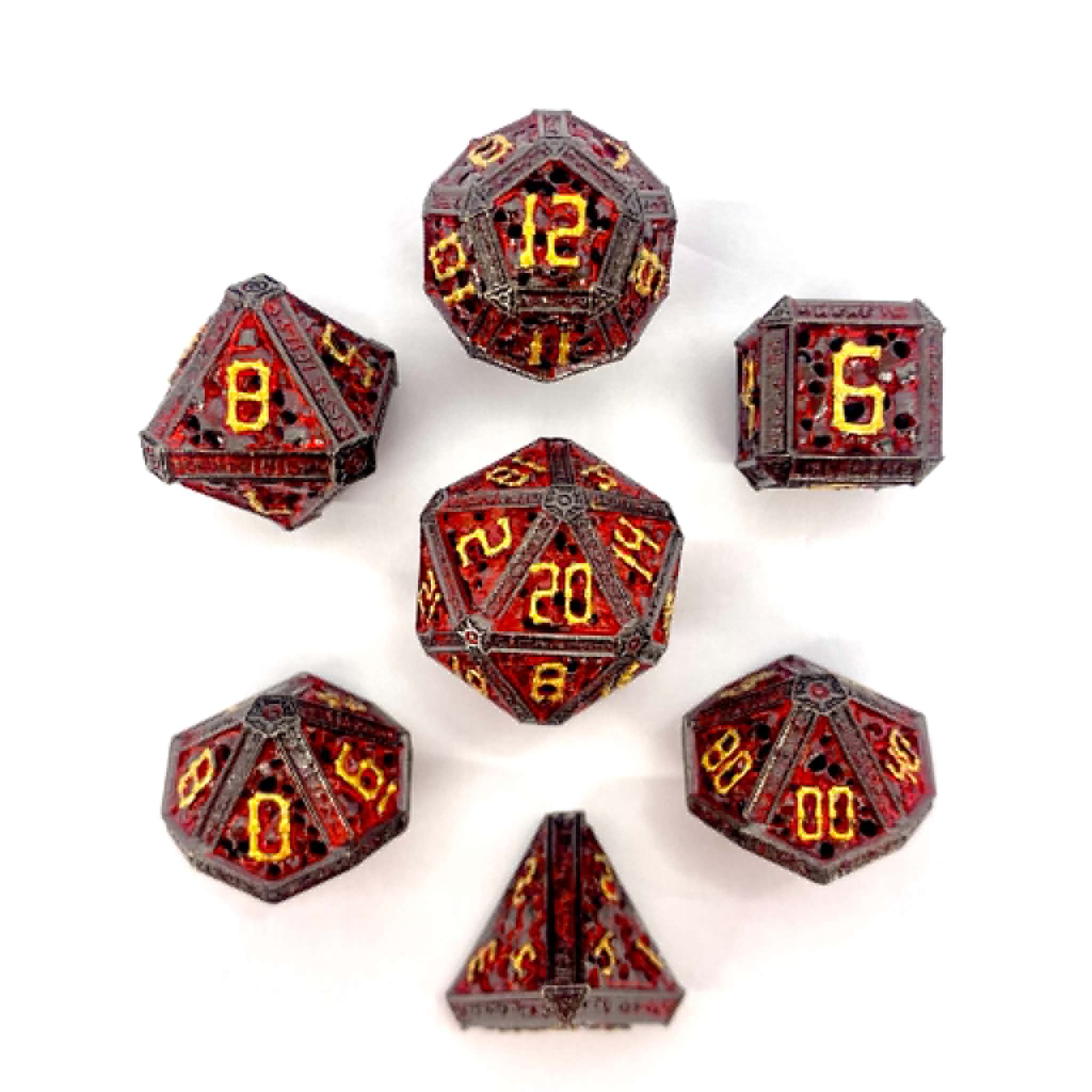 Hollow Metal Necromancer Dice Set - Gunmetal w/Gold And Red