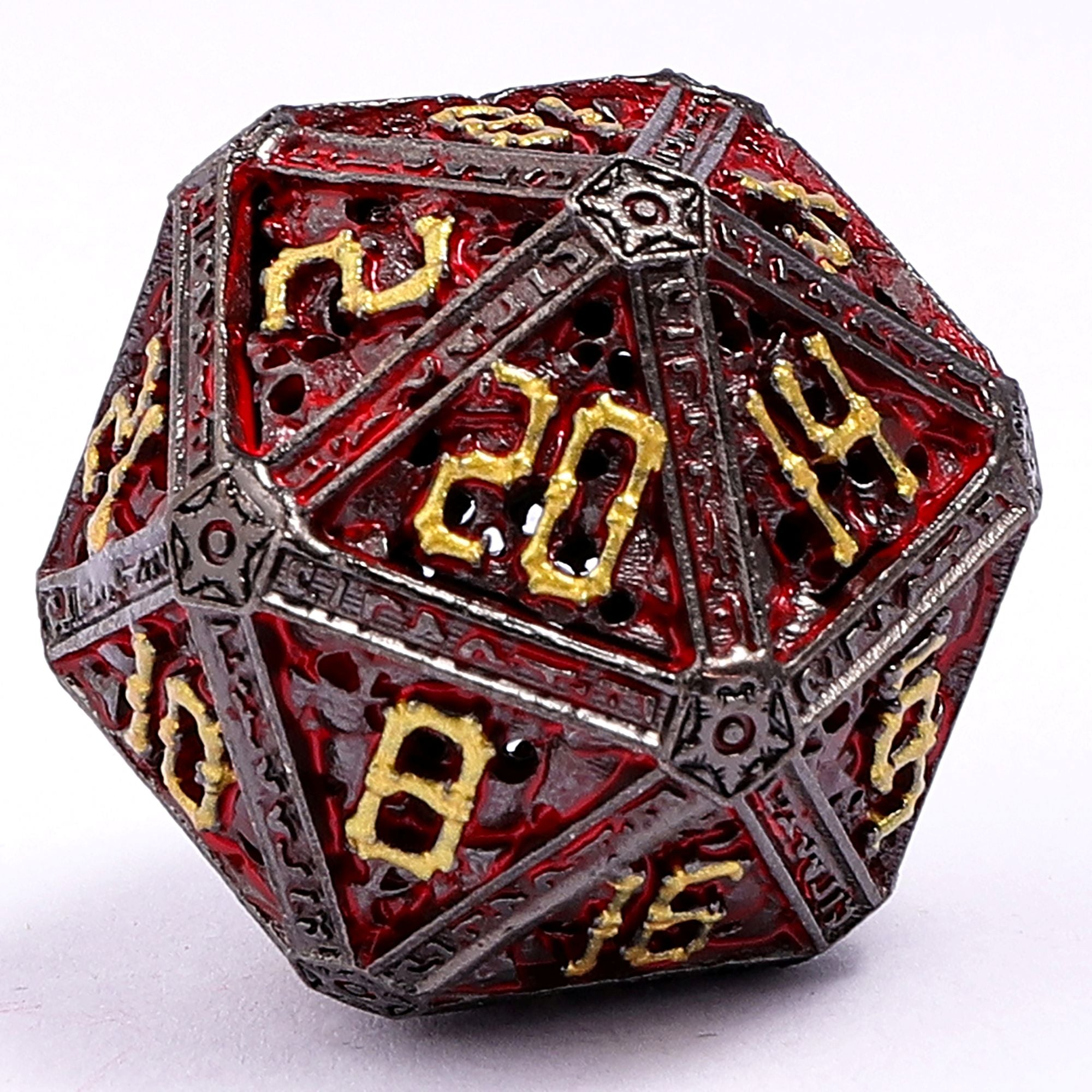 Hollow Metal Necromancer Dice Set - Gunmetal w/Gold And Red